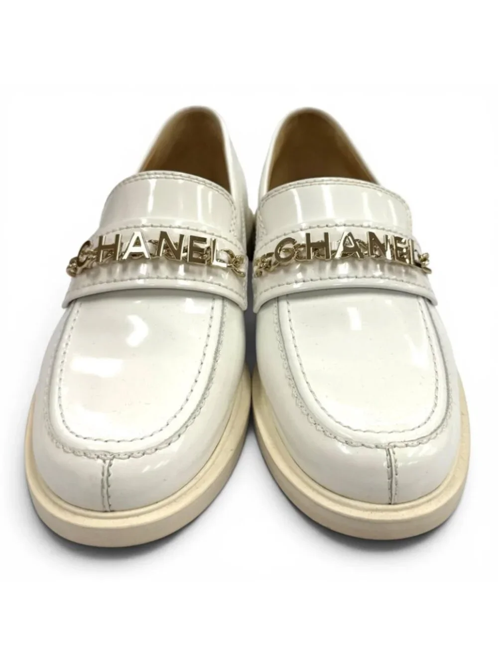 Chanel Logo CC Patent Leather Loafers White Gold